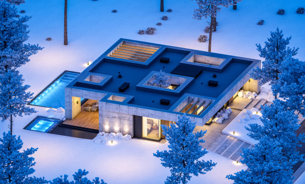 冬夜现代风格的新混凝土房屋三维效果图图片下载