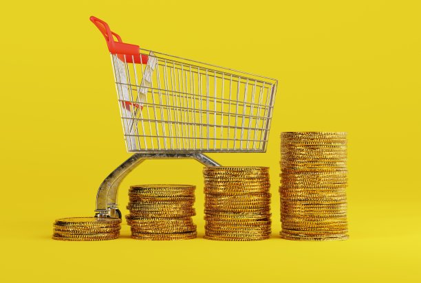 空空的购物车背景是金币。图片下载
