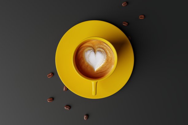 俯视图上的一个黄色的咖啡杯在黑暗的粉彩背景和咖啡区。图片下载