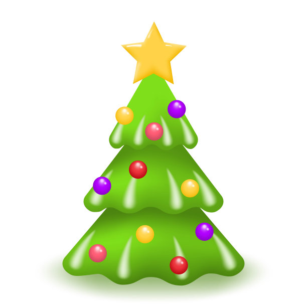 圣诞树。绿色的松树或杉树装饰金色的星星，球和花环孤立在白色的背景。圣诞快乐，新年快乐。矢量插图。图片下载