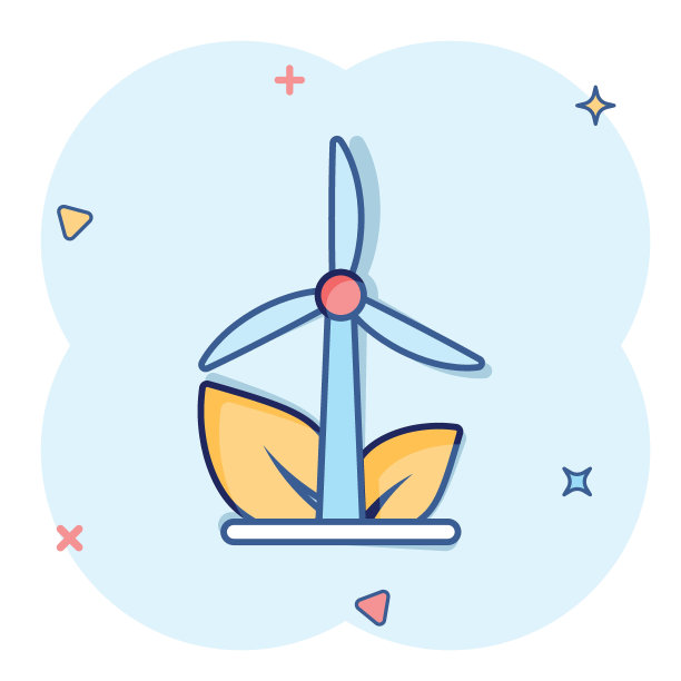 漫画风格的生态能源图标。叶片风力发电厂卡通矢量插图在白色孤立的背景。电工喷溅效果标牌经营理念。图片下载
