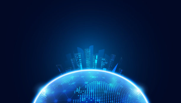 蓝色背景下的全球点网圈数字连接和智慧城市通信。图片下载