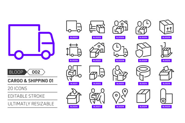 货物和航运相关，像素完美，可编辑的笔画，向上可伸缩，线，矢量噗噗图标集。图片下载
