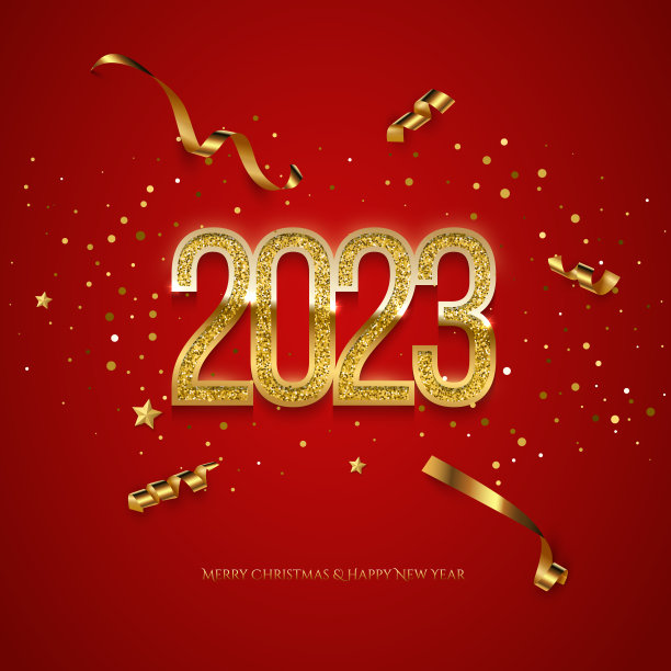 2023年拜年贺卡矢量模板。节日圣诞广场社交媒体横幅设计与祝贺。金色数字与彩纸现实插图在红色背景图片下载