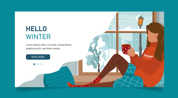 舒适的冬天插画可爱的女孩坐在窗台上的杯子，小针织毯子。俯瞰城市的窗户。舒适的生活方式。平面样式模板。窗边的女孩图片下载