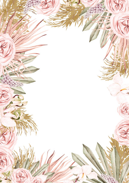 水彩卡与波西米亚干花和叶子。图片下载