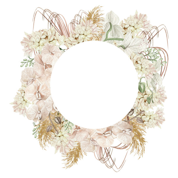 水彩婚礼花环与波西米亚花和干叶子。插图。图片下载