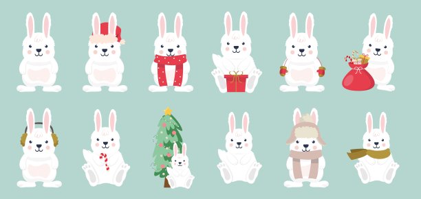 大集合兔子圣诞。矢量插图图片下载
