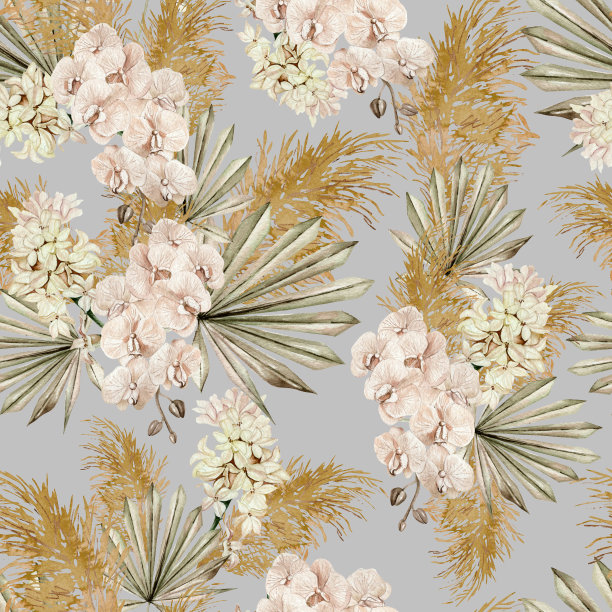 水彩无缝图案与波西米亚花和叶子。图片下载