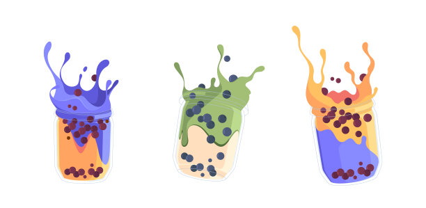 一套珍珠奶茶爆裂，珍珠美味饮料在玻璃或塑料杯。加木薯粉的奶茶或咖啡饮料图片下载