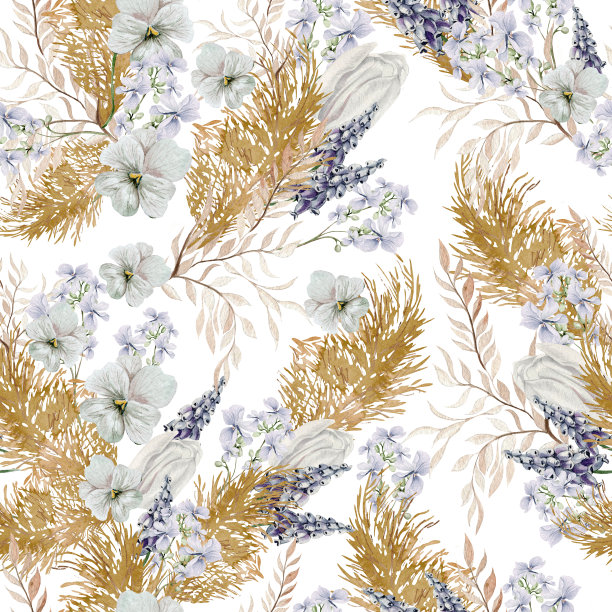 水彩无缝图案与波西米亚花和叶子。图片下载