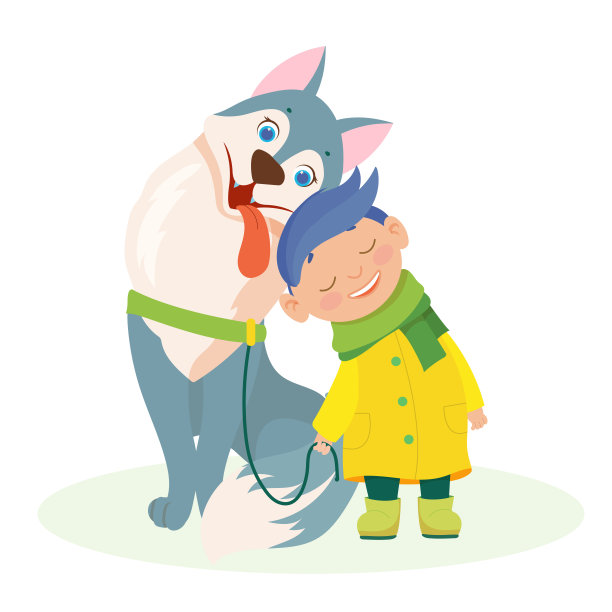 一个男孩和一只欢快的哈士奇狗散步。一个有宠物的孩子。卡通风格的毛茸茸的动物。矢量插图孤立在白色背景上。图片下载