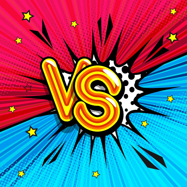 VS -漫画复古字母与阴影，半色调图案的复古海报背景。爆炸的云，上面刻着。明亮的矢量插图在老式流行艺术风格。图片下载