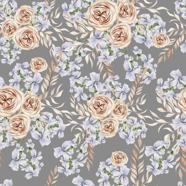 水彩无缝图案与波西米亚花和叶子。图片下载