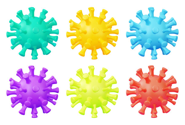 3d不同颜色的病毒细胞设置橡皮泥卡通风格。向量图片下载