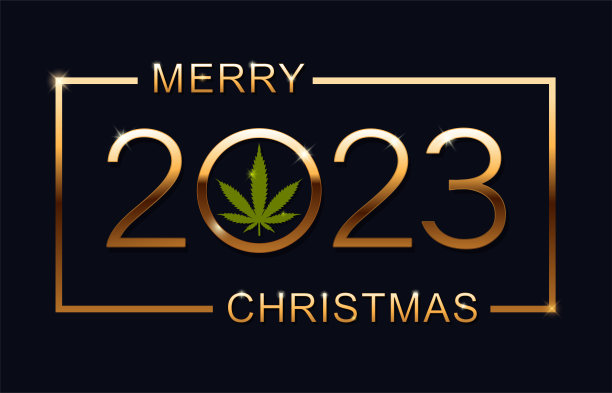 2023年圣诞快乐。用大麻叶制作的圣诞贺卡。蓝色背景上的孤立矢量插图。图片下载