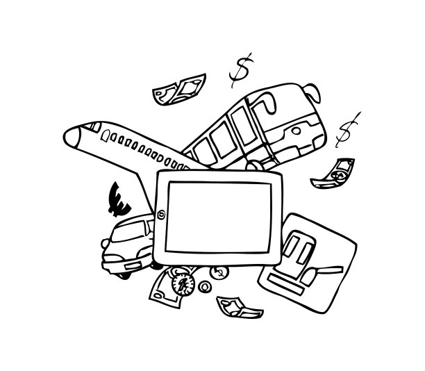 平板电脑与比赛获奖奖品周围。钱，旅行，飞机，交通工具。黑白手绘风格矢量插图。图片下载