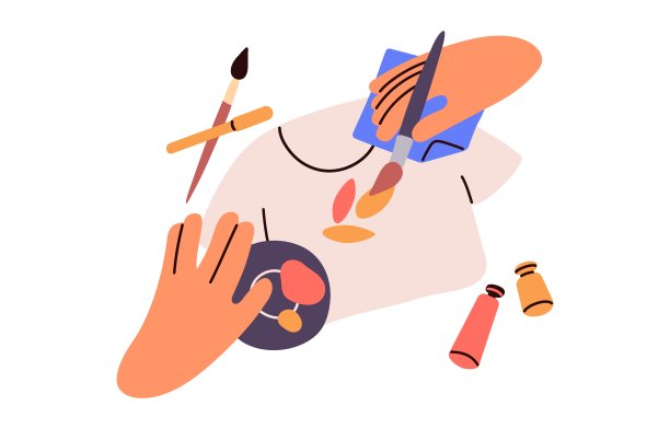 彩绘面料t恤。工艺设计，装饰t恤。艺术家用画笔和颜料在衣服上画画。服装DIY装饰。平面矢量插图孤立在白色背景上图片下载