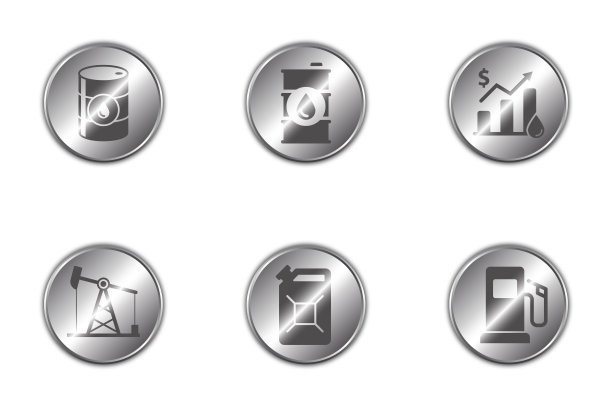 一套石油工业图标闪亮的金属按钮与阴影下面。矢量插图。图片下载