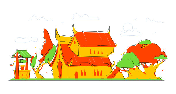 教堂和农民小屋-现代平面设计风格插画图片下载