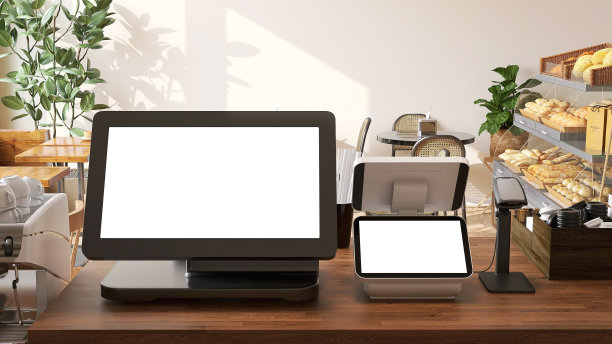 在现代和豪华的咖啡馆和面包店的木制柜台上，数字收银机与空白电脑触摸屏和平板电脑和条形码阅读器接近图片下载