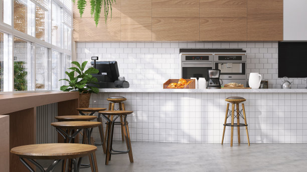 现代和豪华的白色咖啡烘焙设计，花岗岩柜台，数字收银机，烤箱，桌椅，阳光从窗户上的白色瓷砖墙图片下载