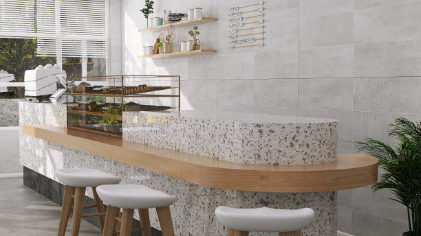 现代和豪华的白色咖啡馆设计，花岗岩柜台，数字收银机，蛋糕展示冰箱，高椅子从窗户阳光图片下载