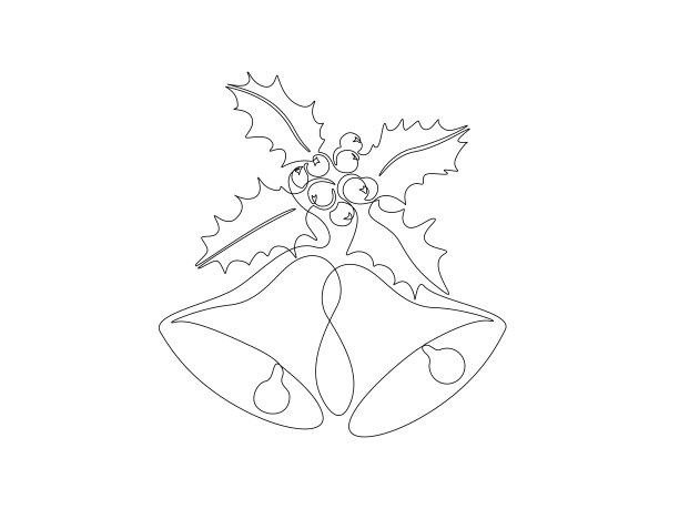 一幅连续的冬青树叶和铃铛画。节日的水叶植物和浆果在简单的线性风格。图标模板的贺卡，封面，标志。涂鸦矢量插图图片下载