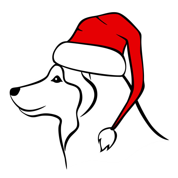 阿拉斯加哈士奇狗在圣诞老人帽子快乐黑白轮廓肖像图形，孤立矢量插图图片下载