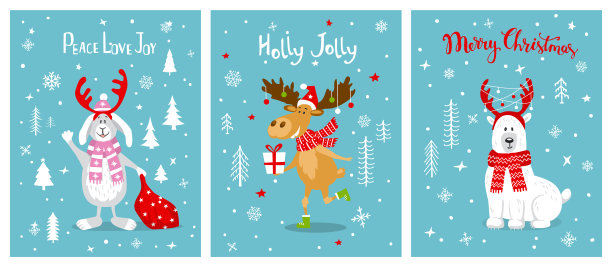 圣诞快乐，冬青欢乐有趣的圣诞贺卡模板，可爱的卡通北极熊，驼鹿，兔子野兔和雪花和星星的雪林，斯堪的纳维亚风格的矢量插画图片下载