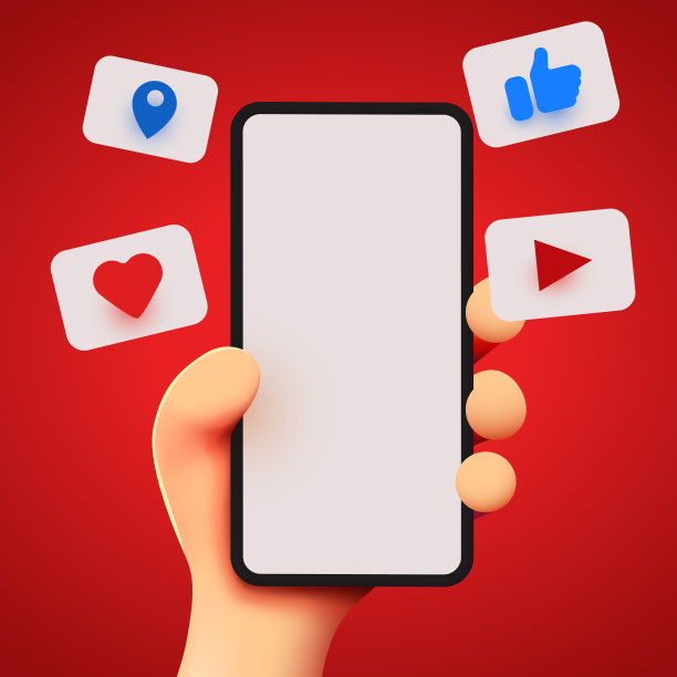 可爱的卡通手持移动智能手机与社交媒体图标。市场营销的概念。图片下载