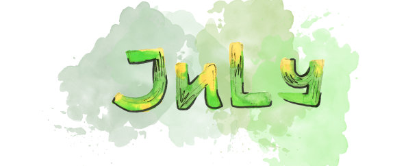 多色水彩刻字七月在墨迹上。绿色和黄色图片下载