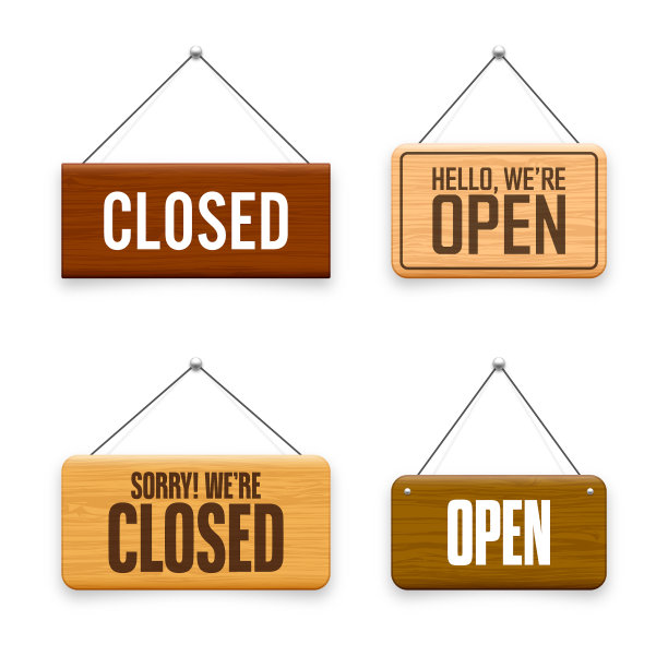 木制的打开或关闭的悬挂招牌。适用于咖啡厅、餐厅、酒吧或零售商店的木制门牌。商业或服务的公告横幅、信息标牌。矢量图图片下载