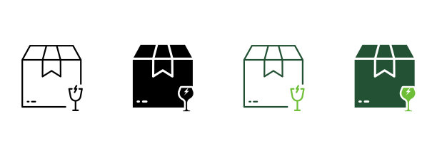 小心包裹纸箱玻璃器皿护理剪影和线图标。小心玻璃把手航运象形图。易碎易碎包装图标。可编辑的中风。孤立矢量图图片下载