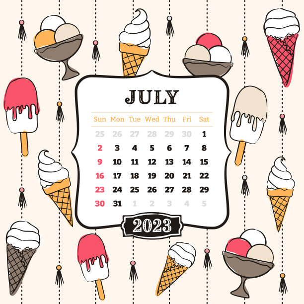 2023年日历主题模板。七月。图片下载
