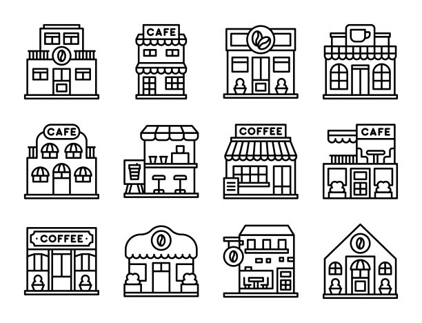 咖啡店线路图标集6个，矢量插图图片下载
