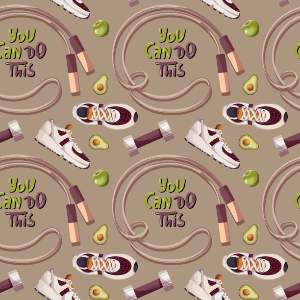 无缝模式跳绳，运动鞋，哑铃，牛油果。图片下载