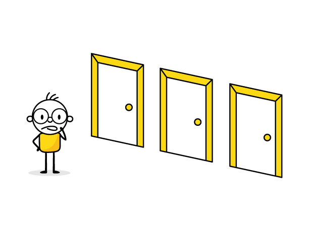 男人看着门，思考选择正确的门。商业决策，决定新工作或选择重要机会，正确或错误的决定概念。矢量图图片下载