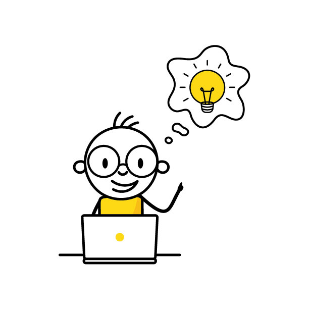 头顶上有个灯泡的手提电脑男人。想法和创意概念。矢量股票插图图片下载
