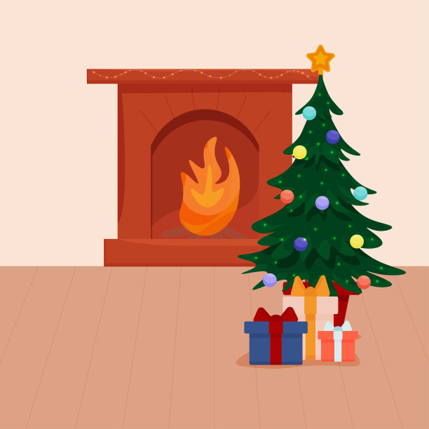 带壁炉的圣诞屋和一棵绿色的圣诞树，上面有礼物。向量。图片下载