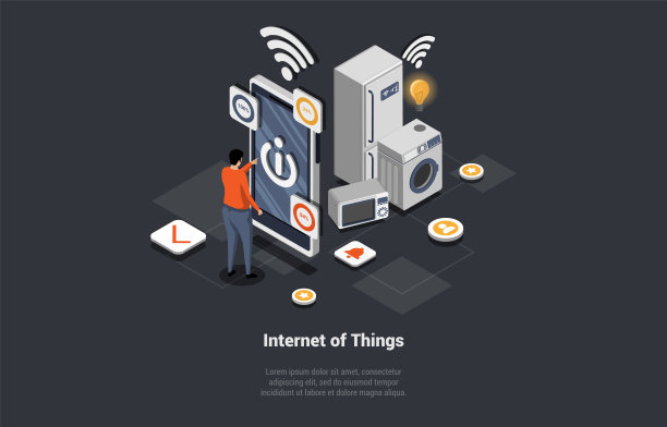 智能家居技术概念，物联网和机器接口。男主角用智能手机控制家用电器的操作。等距三维矢量插图图片下载