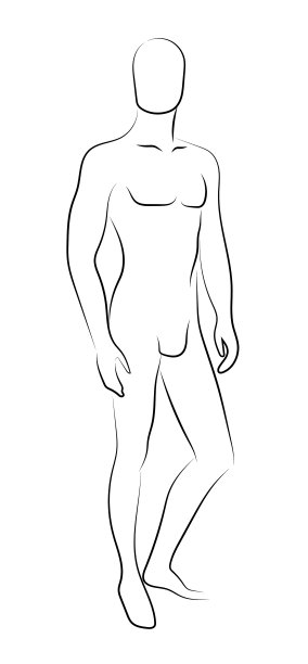 男人，男人的轮廓站着，摆姿势。人类的图。黑线素描矢量插图孤立在白色背景上。图片下载