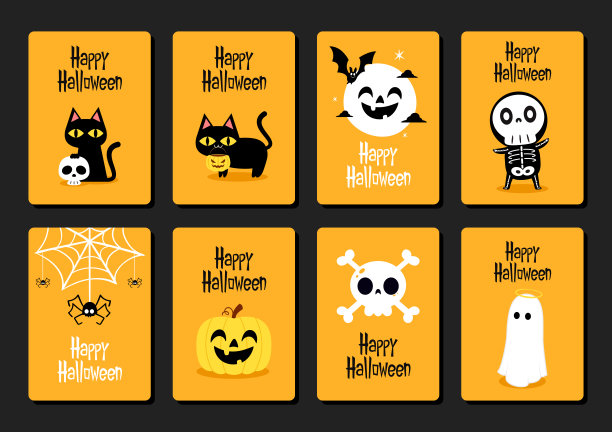 有可爱鬼的万圣节派对快乐贺卡。节日卡通人物。不给糖就捣蛋。万圣节有趣的卡通。万圣节卡片套装图片下载