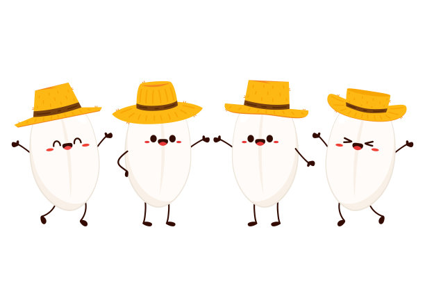 大米的性格。白色背景上的水稻矢量。水稻种子。米袋矢量。农民帽向量。图片下载