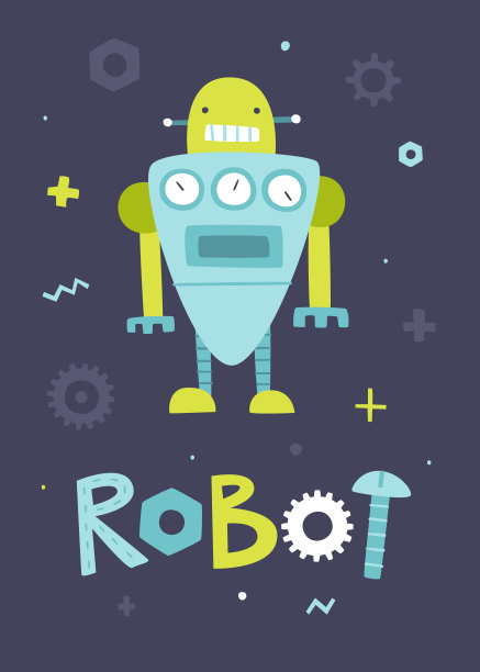 可爱的机器人海报，上面有字母。卡通机器人矢量印刷儿童托儿所和服装。图片下载
