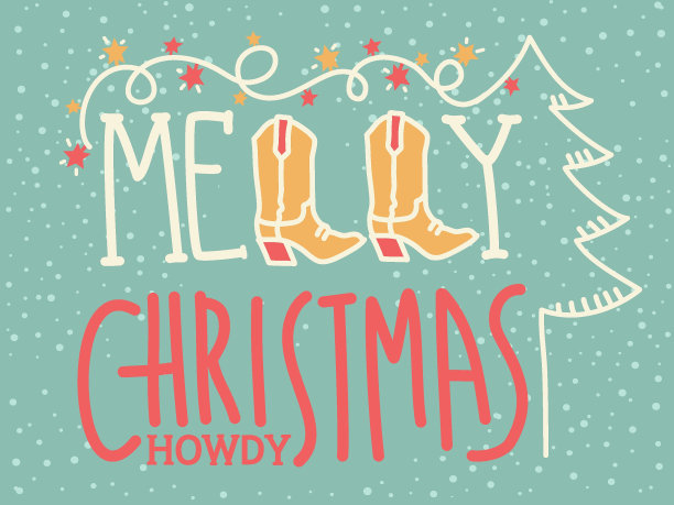 牛仔圣诞卡。矢量快乐圣诞贺卡插图与牛仔靴和花环与节日文字在雪的背景图片下载