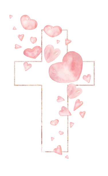 心形框剪纸，水彩粉彩心形框插画，粉色精致珊瑚心十字架，爱的装饰，宗教，情人节，婴儿淋浴图形，婚礼邀请图片下载