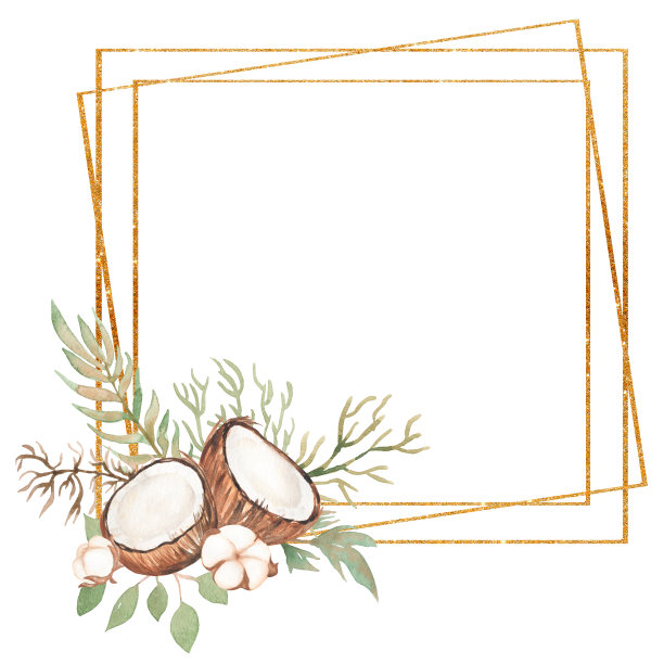 采购产品水彩椰子剪纸，绿色植物花环插画，棉花，椰子边界，花束，黄金框架，热带花花环，婚礼邀请，标志图片下载