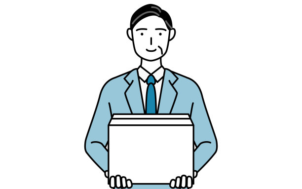 简单的线条画插图的高级商人，高管，经理和总裁拿着一个纸板箱。图片下载