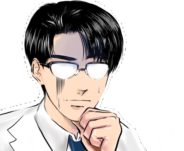 彩色卡通插图，一个黑头发，戴眼镜的医生在白色的白大褂发抖，因为他盯着什么可疑的发光的眼睛。图片下载